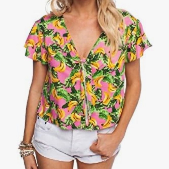 BuddyLove Banana Havana Tie Front V-Neck Flutter Sleeve Button Up Top Small - Picture 8 of 17